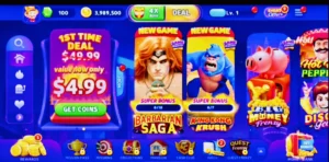 Cash Frenzy Casino APK latest version dashboard showing slot machines and free coins on a smartphone screen.
